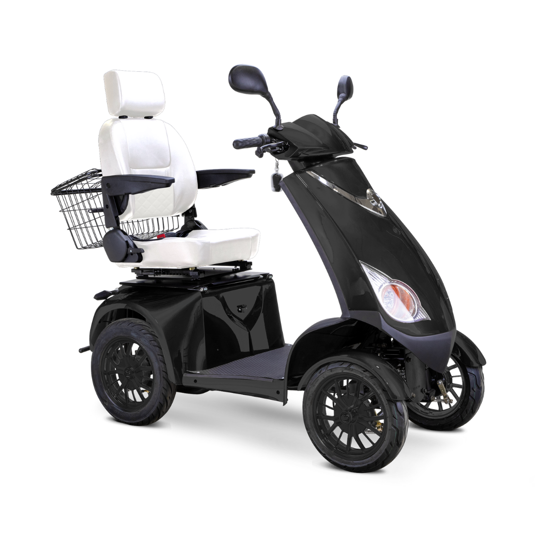 The Bespoke Platinum Recreational 4-Wheel Scooter with Electric Brake Assist features a black finish, white cushioned seat, armrests, headrest, rearview mirrors, rear wire basket, and a high-performance motor for enhanced mobility.